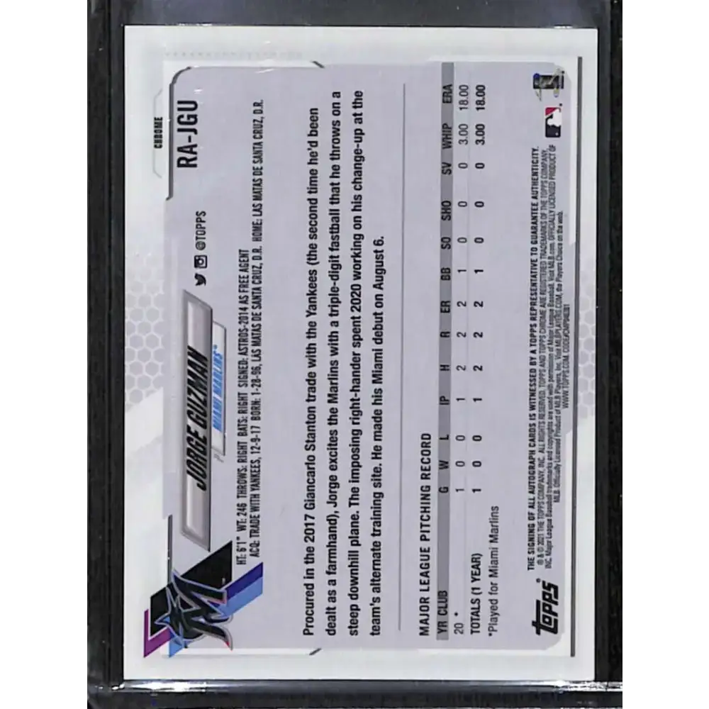 2021 Topps Chrome #RA-JGU Jorge Guzman Rookie Auto NM-MT Baseball Card - Baseball Card Single