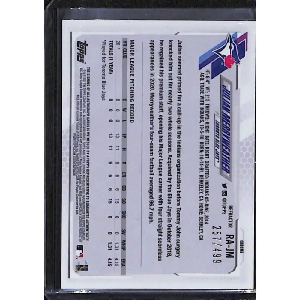 2021 Topps Chrome #RA-JM Julian Merryweather Rookie Auto NM-MT Baseball Card - Baseball Card Single