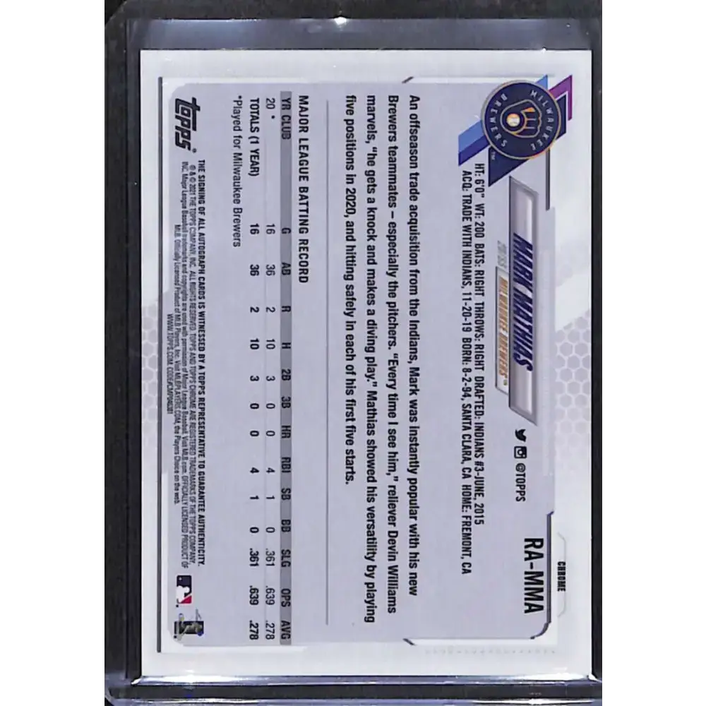 2021 Topps Chrome #RA-MMA Mark Mathias Rookie Auto NM-MT Baseball Card - Baseball Card Single