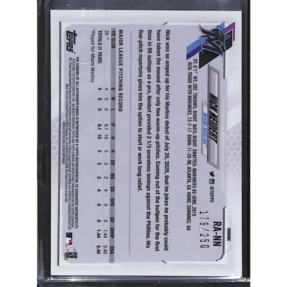 2021 Topps Chrome #RA-NN Nick Neidert Rookie Auto Purple Refractor #/250 NM-MT Baseball Card - Baseball Card Single