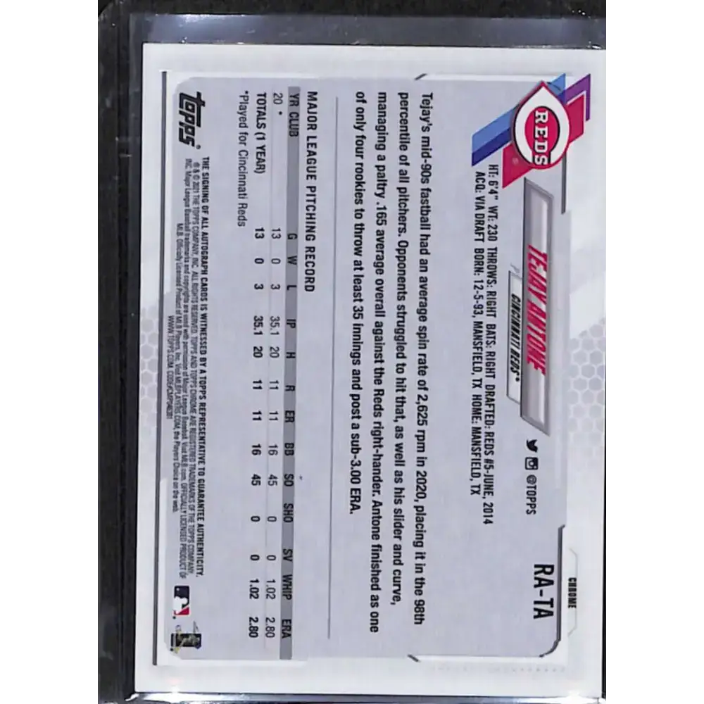 2021 Topps Chrome #RA-TA Tejay Antone Rookie Auto NM-MT Baseball Card - Baseball Card Single