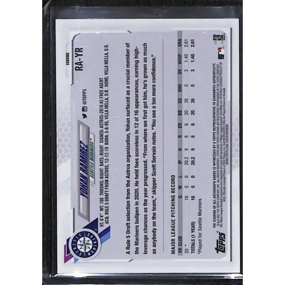 2021 Topps Chrome #RA-YR Yohan Ramirez Rookie Auto NM-MT Baseball Card - Baseball Card Single