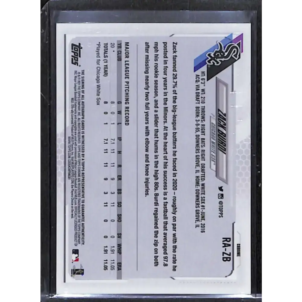2021 Topps Chrome #RA-ZB Zack Burdi Rookie Auto NM-MT Baseball Card - Baseball Card Single