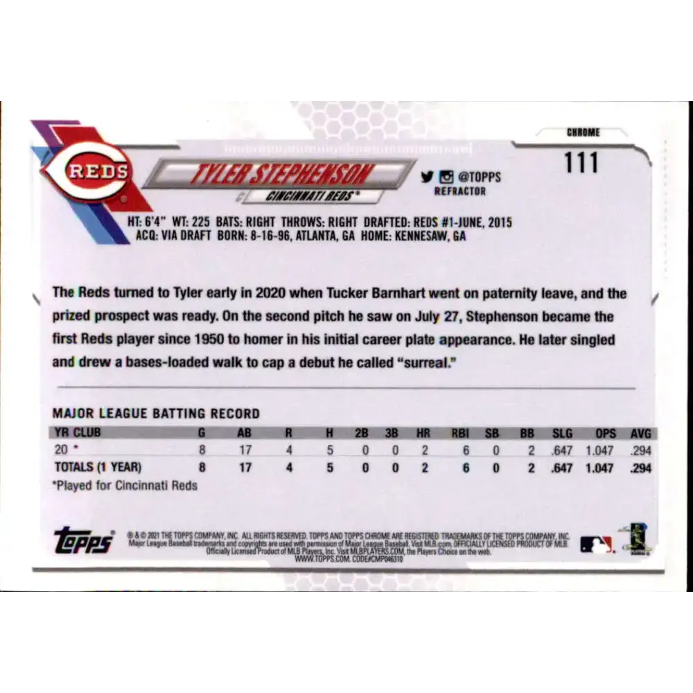 2021 Topps Chrome Refractor #111 Tyler Stephenson NM/MT RC Rookie Cincinnati Reds Baseball Card - Baseball Card Single