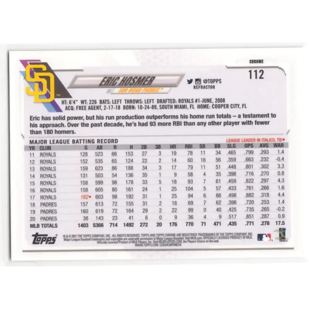 2021 Topps Chrome Refractor #112 Eric Hosmer NM/MT San Diego Padres Baseball Card - Baseball Card Single
