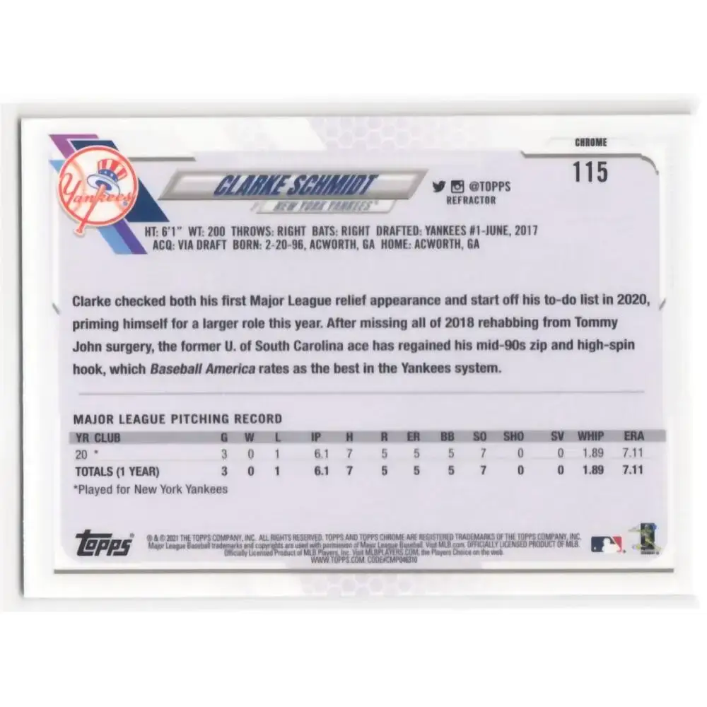 2021 Topps Chrome Refractor #115 Clarke Schmidt NM/MT RC Rookie New York Yankees Baseball Card - Baseball Card Single