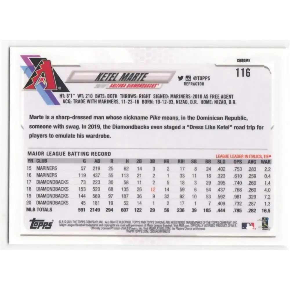 2021 Topps Chrome Refractor #116 Ketel Marte NM/MT Arizona Diamondbacks Baseball Card - Baseball Card Single