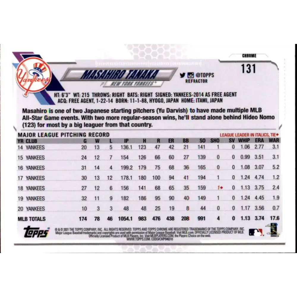 2021 Topps Chrome Refractor #131 Masahiro Tanaka NM/MT New York Yankees Baseball Card - Baseball Card Single