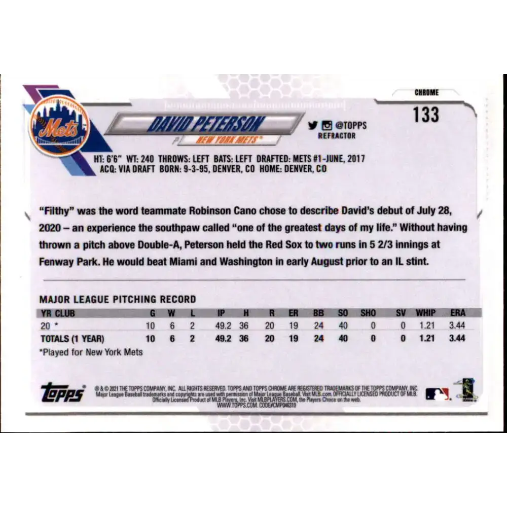 2021 Topps Chrome Refractor #133 David Peterson NM/MT RC Rookie New York Mets Baseball Card - Baseball Card Single