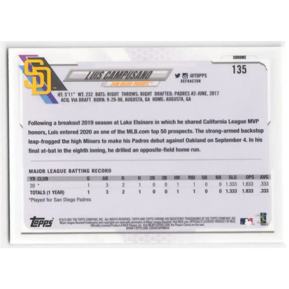2021 Topps Chrome Refractor #135 Luis Campusano NM/MT RC Rookie San Diego Padres Baseball Card - Baseball Card Single
