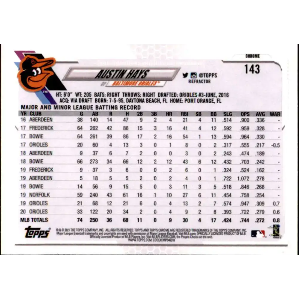 2021 Topps Chrome Refractor #143 Austin Hays NM/MT Baltimore Orioles Baseball Card - Baseball Card Single
