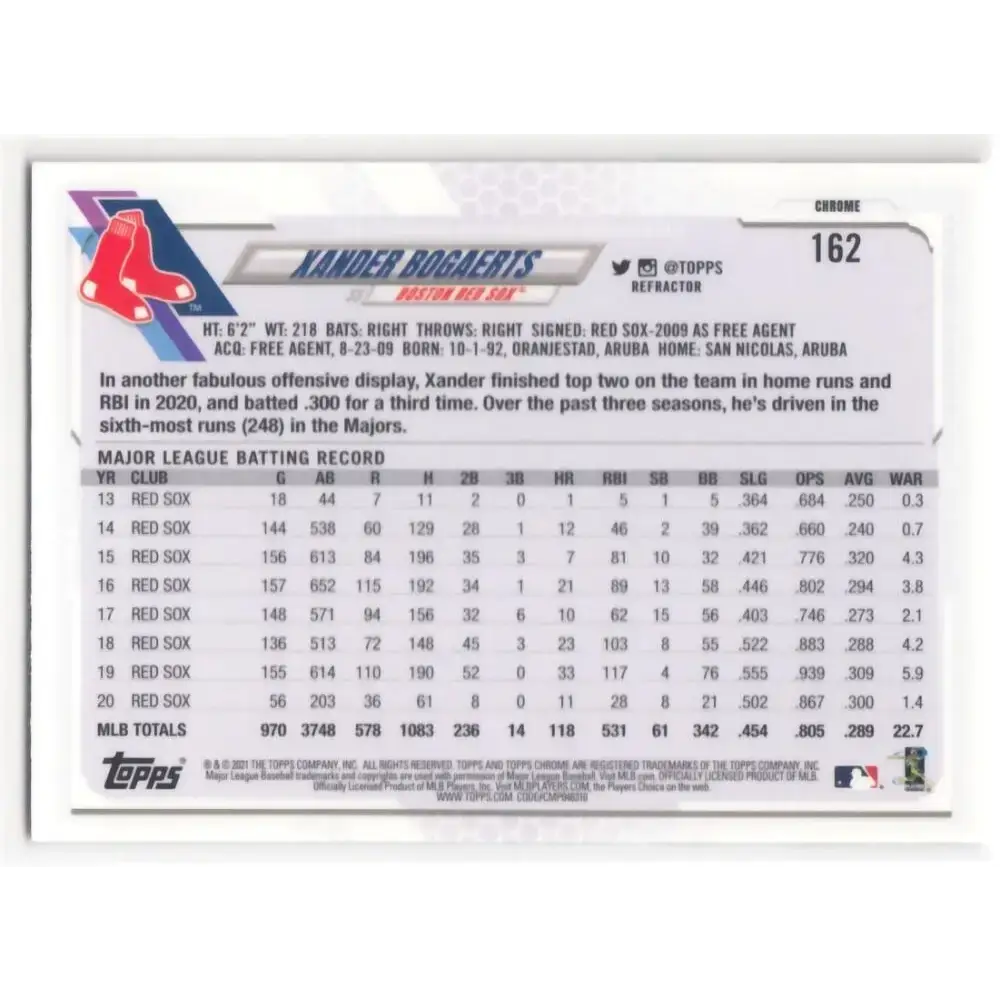 2021 Topps Chrome Refractor #162 Xander Bogaerts NM/MT Boston Red Sox Baseball Card - Baseball Card Single