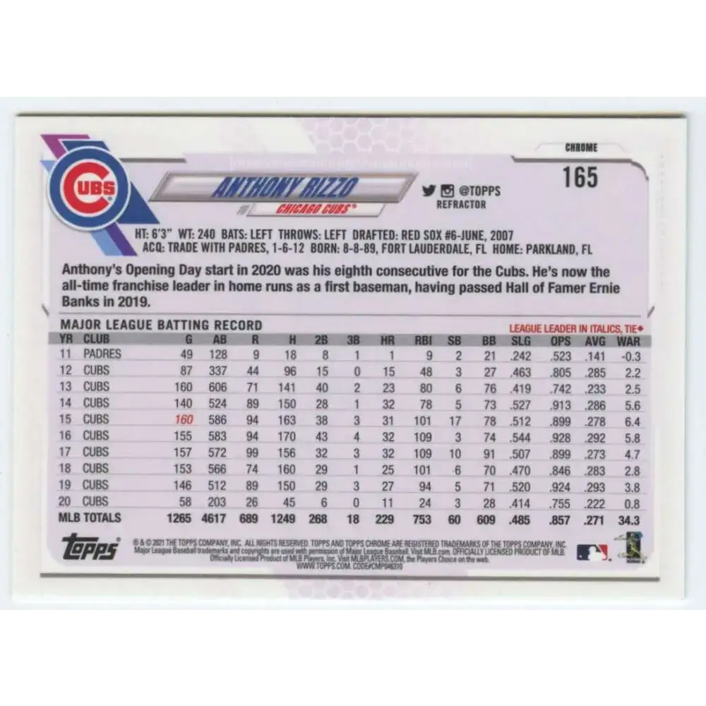2021 Topps Chrome Refractor #165 Anthony Rizzo NM/MT Chicago Cubs Baseball Card - Baseball Card Single