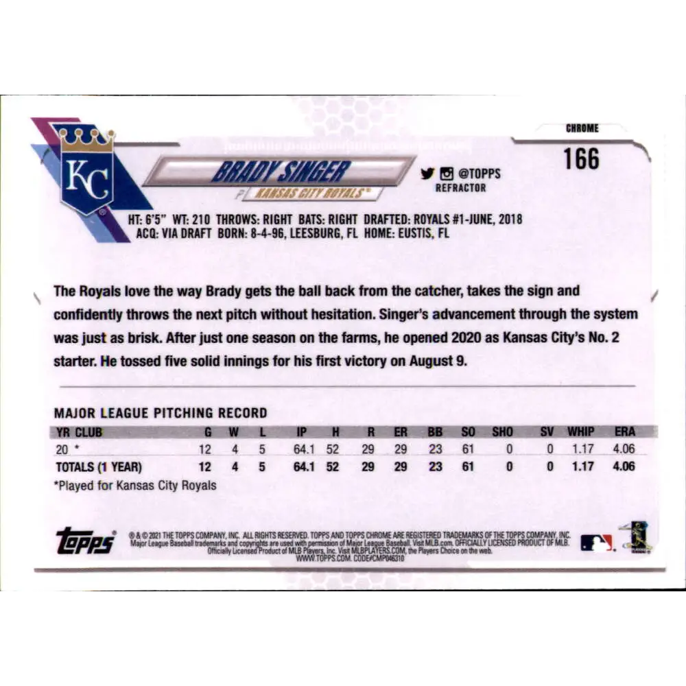 2021 Topps Chrome Refractor #166 Brady Singer NM-MT RC Rookie Kansas City Royals Baseball Card Image 2