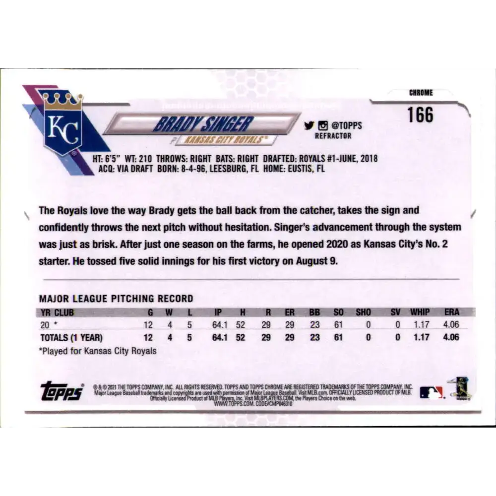 2021 Topps Chrome Refractor #166 Brady Singer NM-MT RC Rookie Kansas City Royals Baseball Card - Baseball Card Single