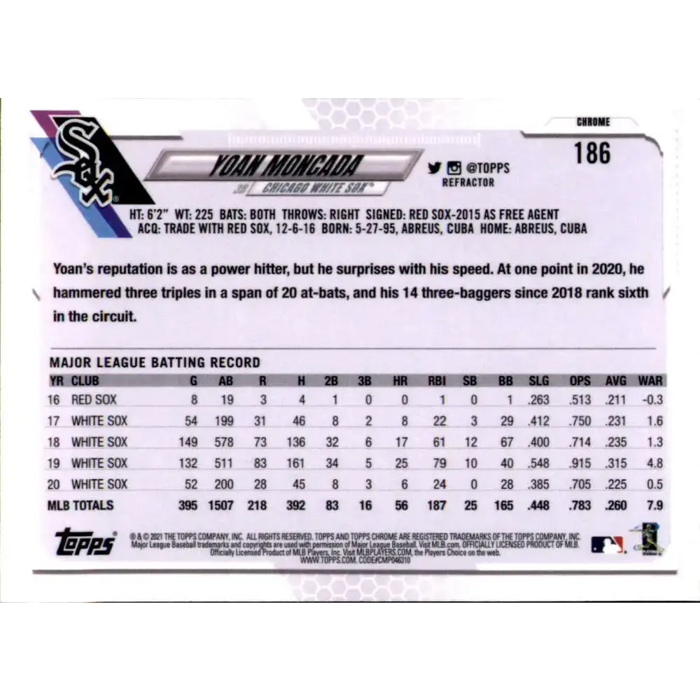 2021 Topps Chrome Refractor #186 Yoan Moncada NM/MT Chicago White Sox Baseball Card - Baseball Card Single