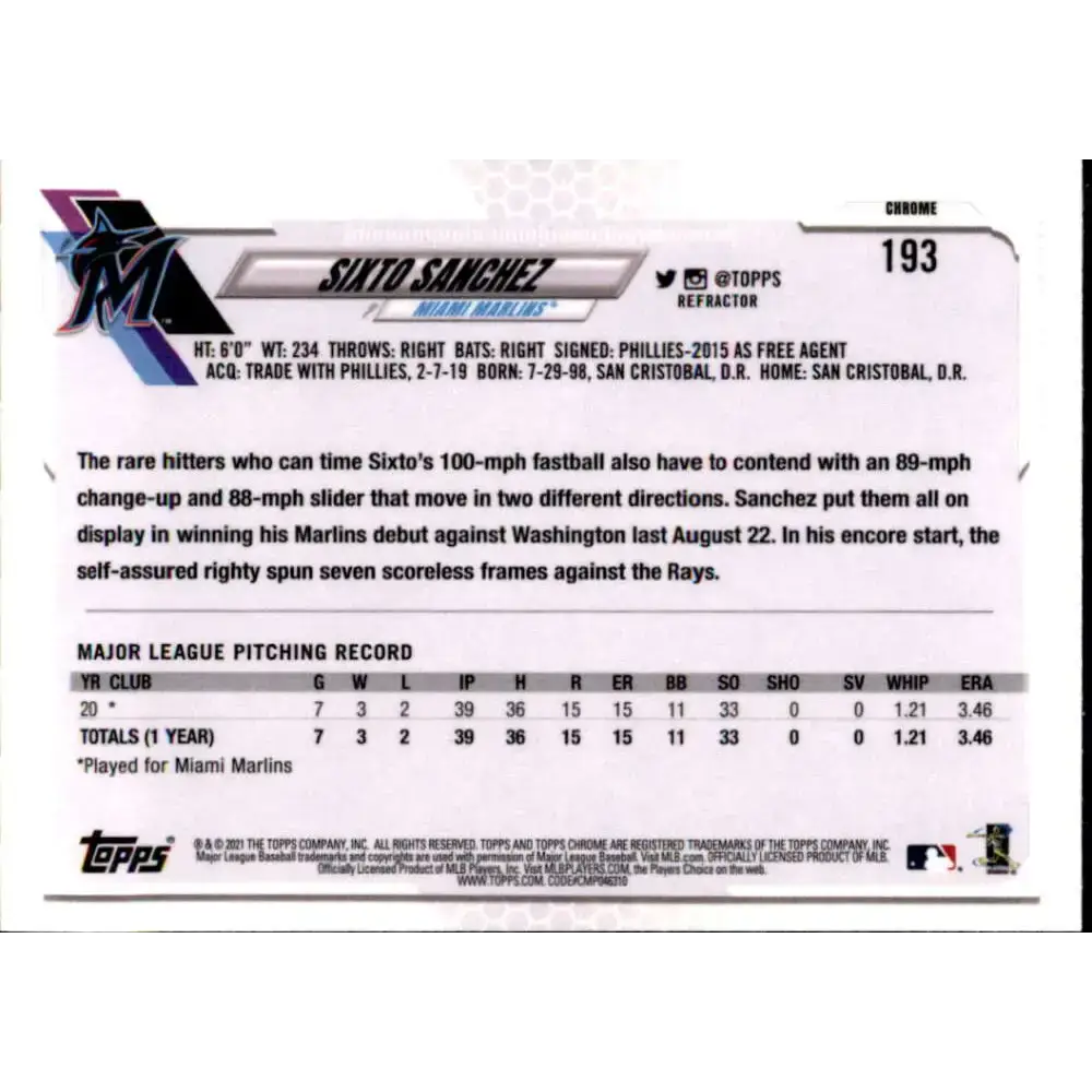 2021 Topps Chrome Refractor #193 Sixto Sanchez NM/MT RC Rookie Miami Marlins Baseball Card - Baseball Card Single