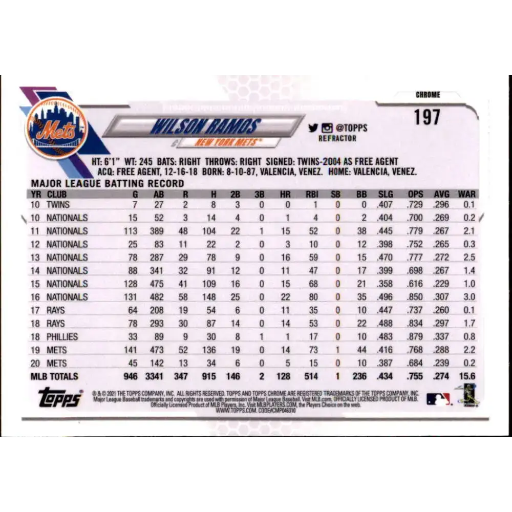 2021 Topps Chrome Refractor #197 Wilson Ramos NM-MT New York Mets Baseball Card - Baseball Card Single