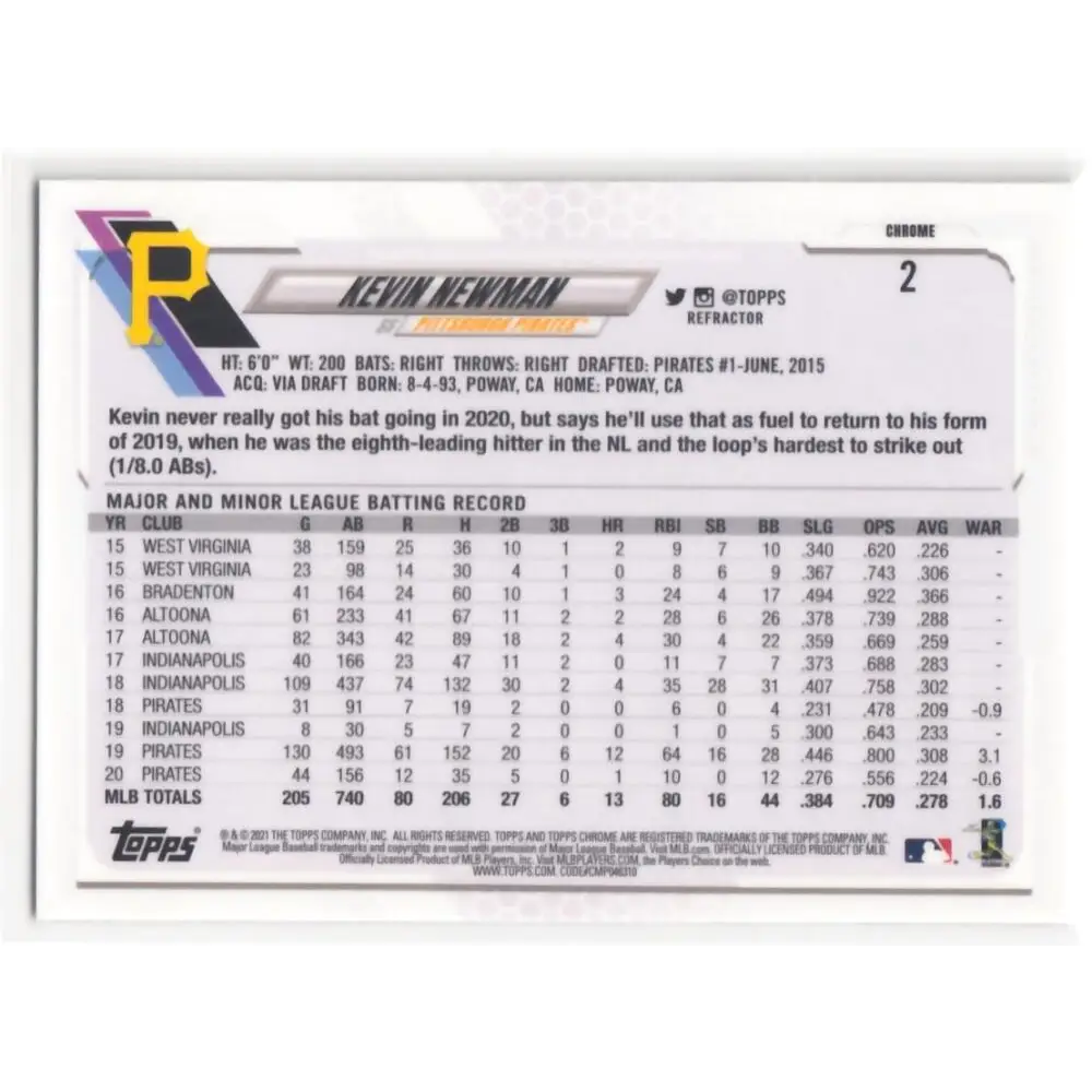 2021 Topps Chrome Refractor #2 Kevin Newman NM-MT Pittsburgh Pirates Baseball Card Image 2