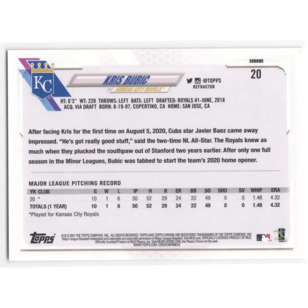 2021 Topps Chrome Refractor #20 Kris Bubic NM-MT RC Rookie Kansas City Royals Baseball Card Image 2