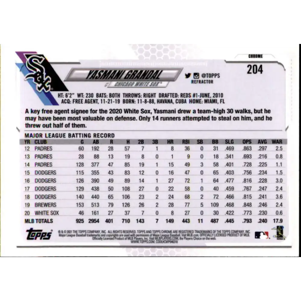 2021 Topps Chrome Refractor #204 Yasmani Grandal NM/MT Chicago White Sox Baseball Card - Baseball Card Single
