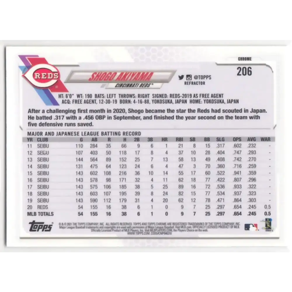 2021 Topps Chrome Refractor #206 Shogo Akiyama NM/MT Cincinnati Reds Baseball Card - Baseball Card Single