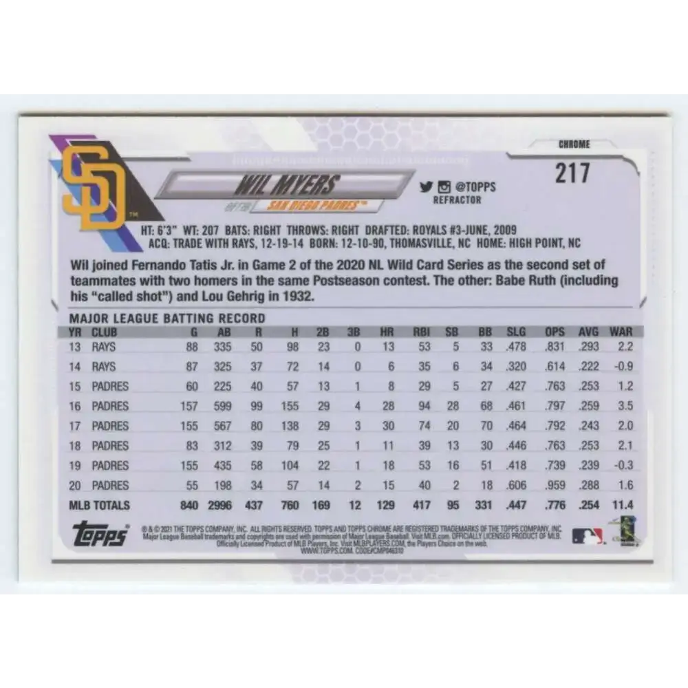 2021 Topps Chrome Refractor #217 Wil Myers NM/MT San Diego Padres Baseball Card - Baseball Card Single