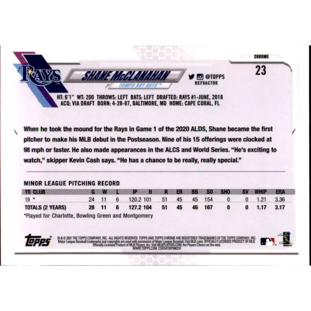 2021 Topps Chrome Refractor #23 Shane McClanahan NM/MT RC Rookie Tampa Bay Rays Baseball Card - Baseball Card Single
