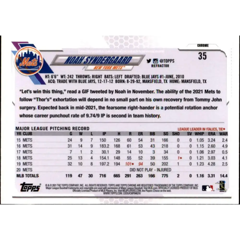 2021 Topps Chrome Refractor #35 Noah Syndergaard NM/MT New York Mets Baseball Card - Baseball Card Single