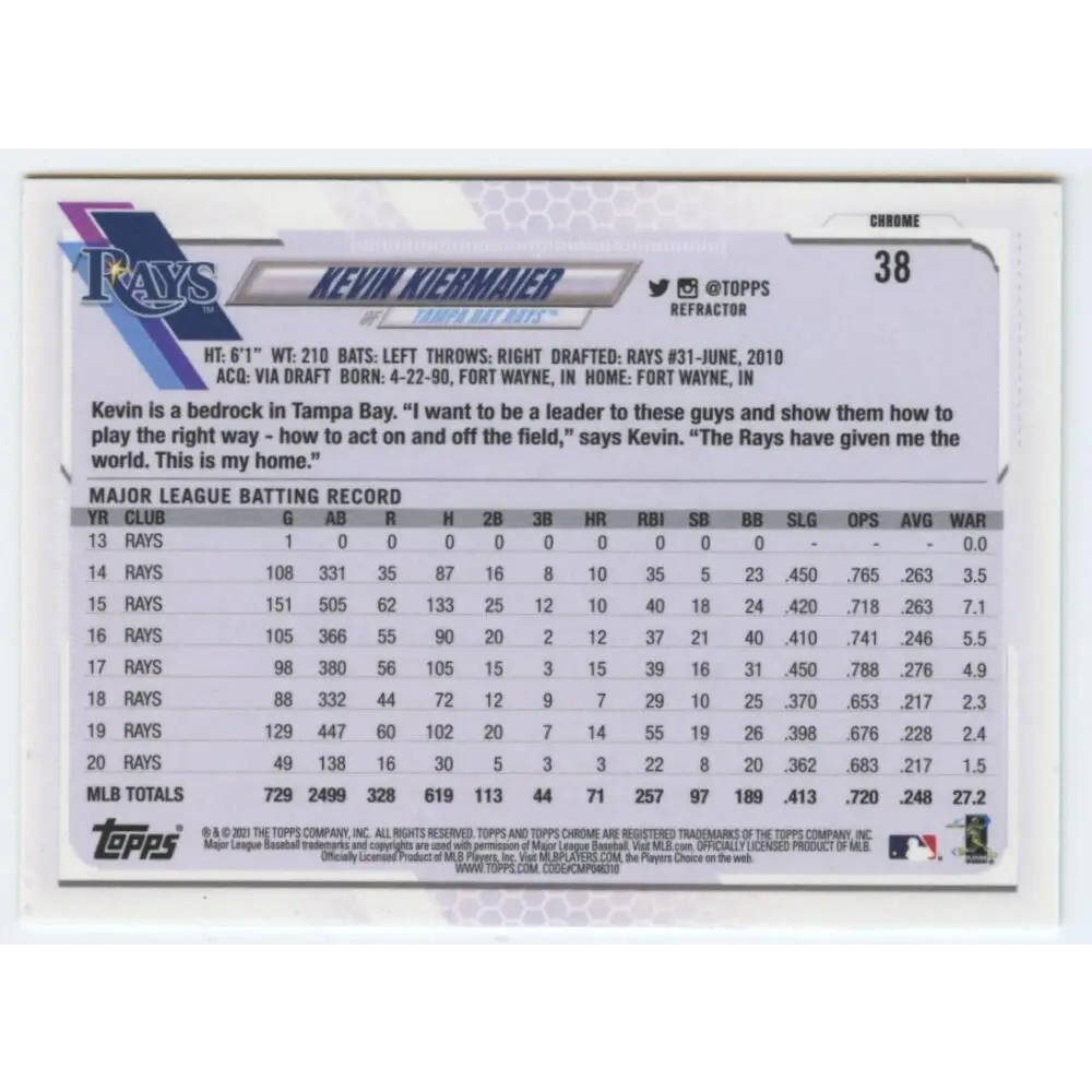 2021 Topps Chrome Refractor #38 Kevin Kiermaier NM-MT Tampa Bay Rays Baseball Card Image 2
