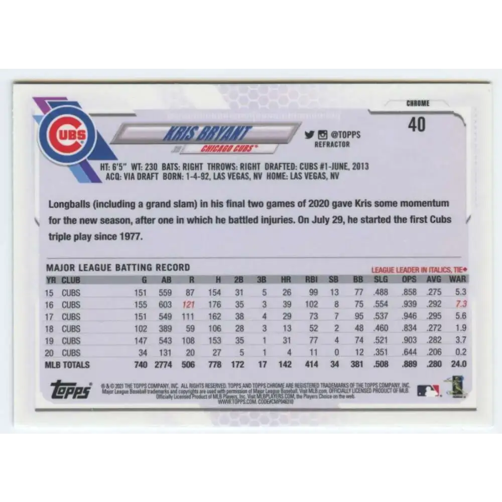 2021 Topps Chrome Refractor #40 Kris Bryant NM/MT Chicago Cubs Baseball Card - Baseball Card Single
