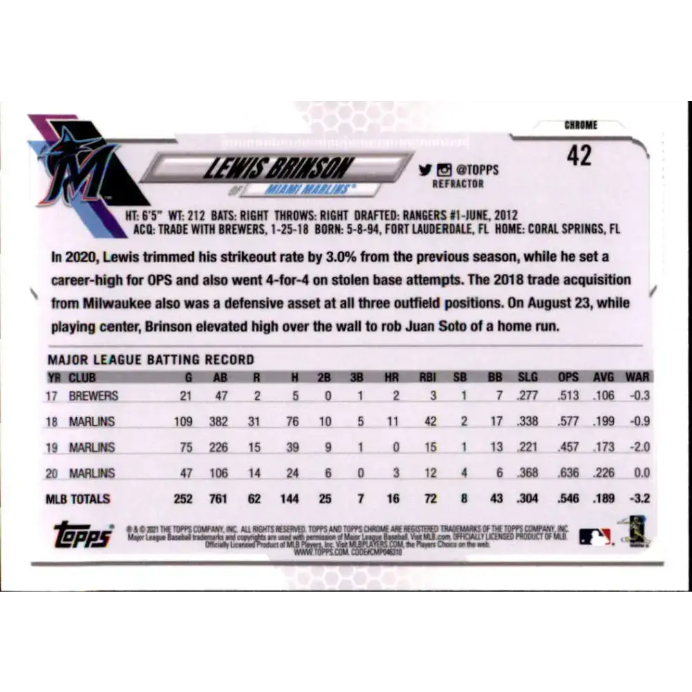 2021 Topps Chrome Refractor #42 Lewis Brinson NM/MT Miami Marlins Baseball Card - Baseball Card Single