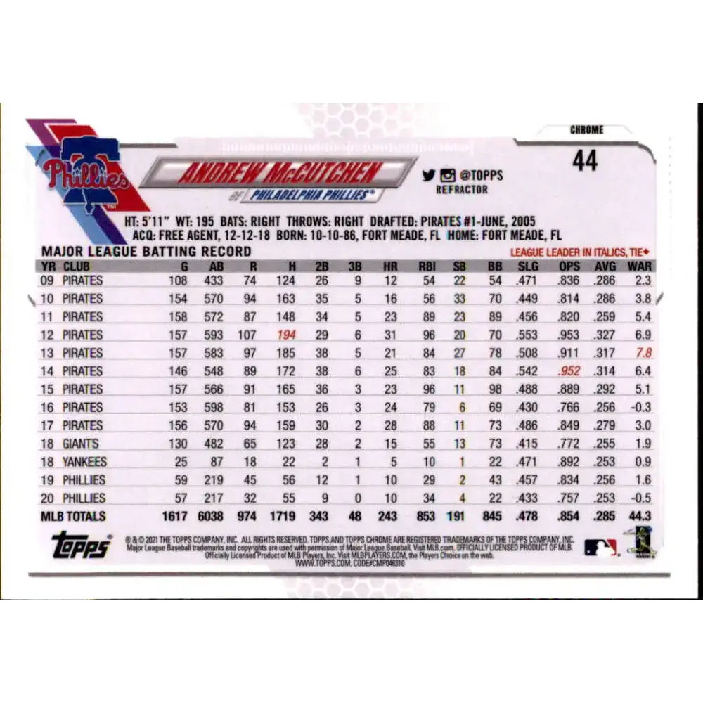 2021 Topps Chrome Refractor #44 Andrew McCutchen NM-MT Philadelphia Phillies Baseball Card