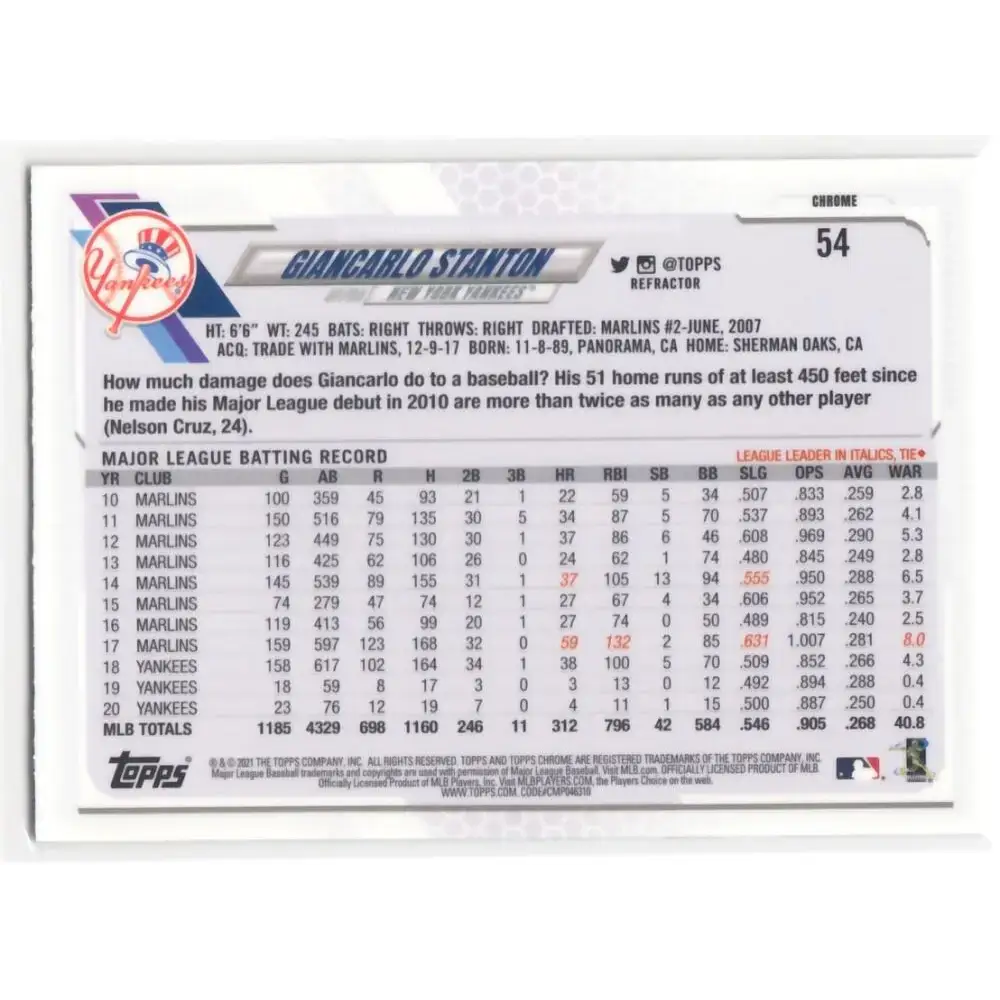 2021 Topps Chrome Refractor #54 Giancarlo Stanton NM/MT New York Yankees Baseball Card - Baseball Card Single