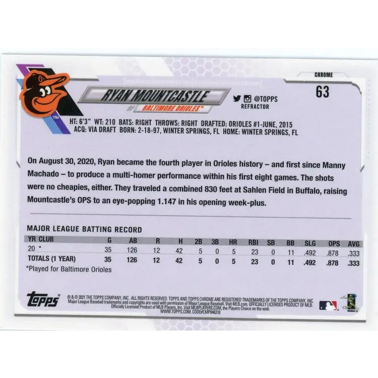 2021 Topps Chrome Refractor #63 Ryan Mountcastle NM-MT RC Rookie Baltimore Orioles Baseball Card Image 2