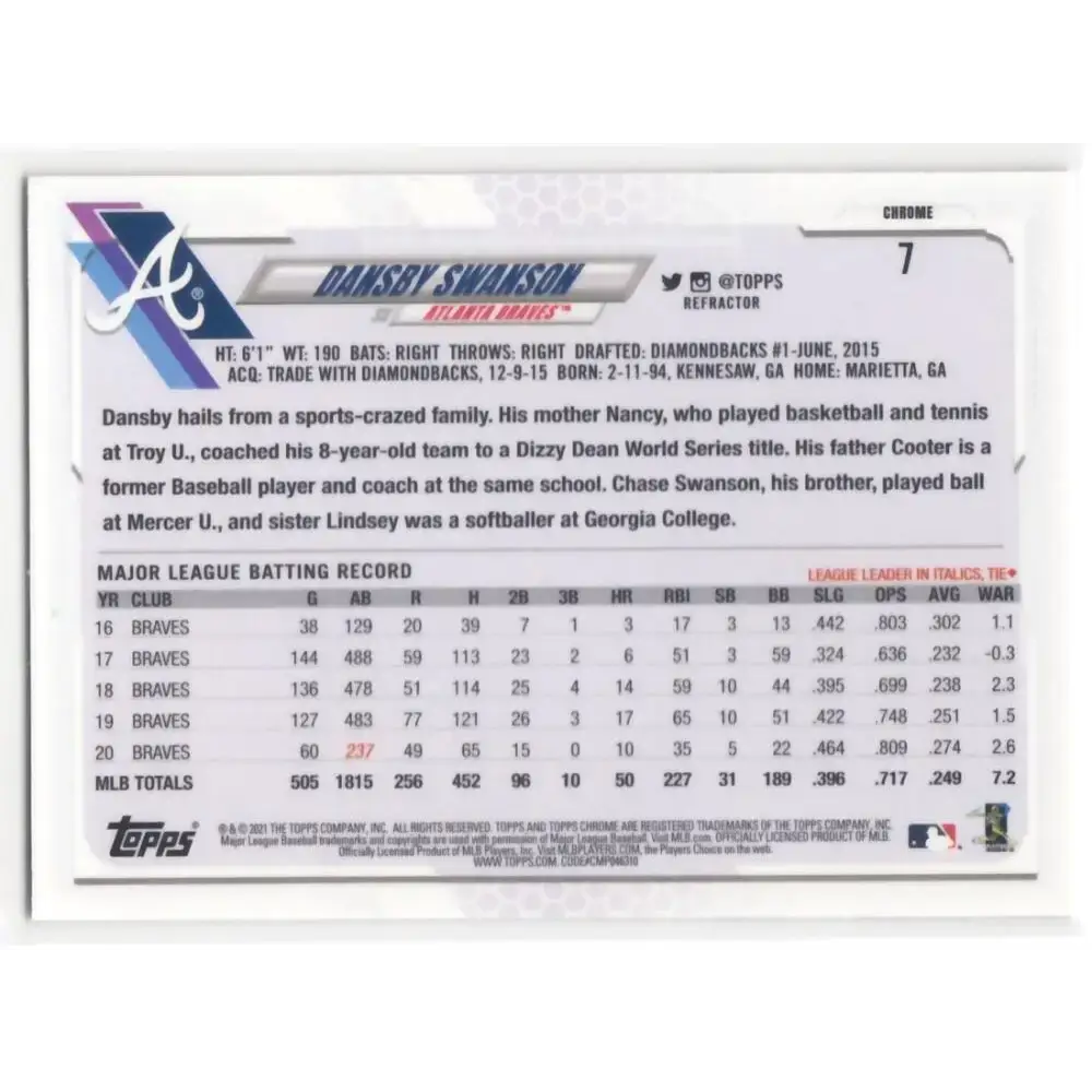 2021 Topps Chrome Refractor #7 Dansby Swanson NM-MT Atlanta Braves Baseball Card - Baseball Card Single