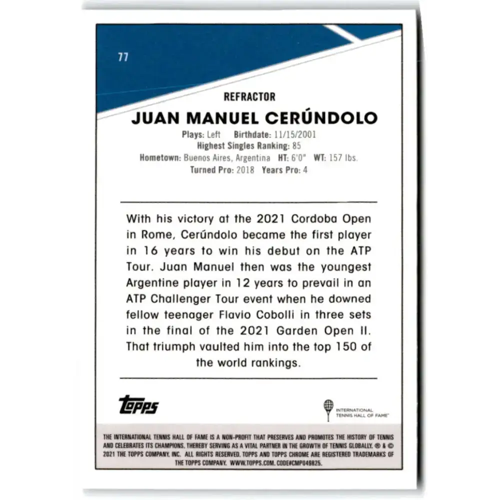 2021 Topps Chrome Refractor #77 Juan Manuel Cerundolo NM-MT Tennis Card - Tennis Card Single