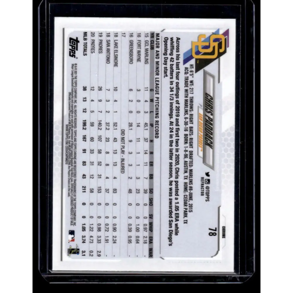 2021 Topps Chrome Refractor #78 Chris Paddack NM-MT San Diego Padres Baseball Card Image 2