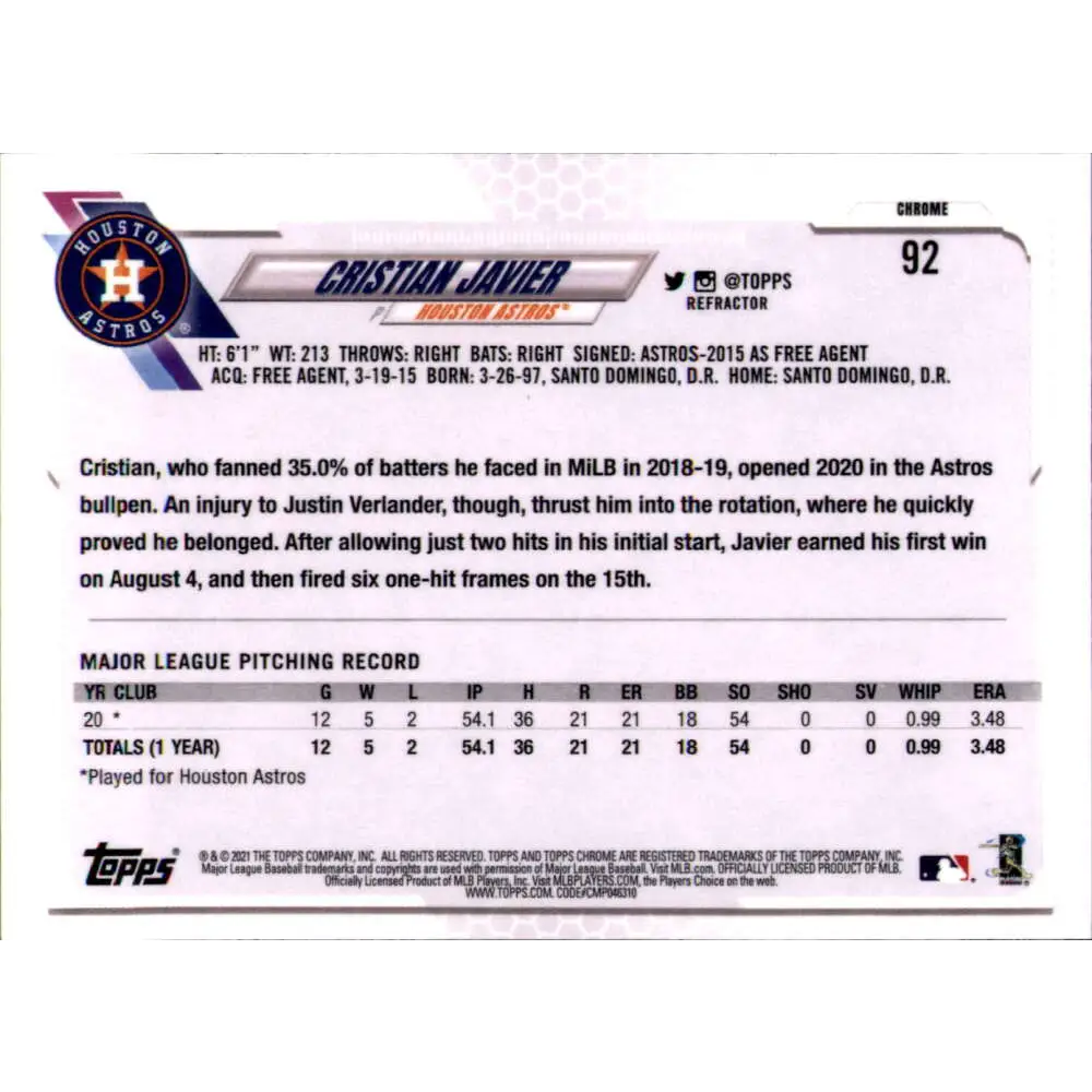 2021 Topps Chrome Refractor #92 Cristian Javier NM-MT RC Rookie Houston Astros Baseball Card Image 2