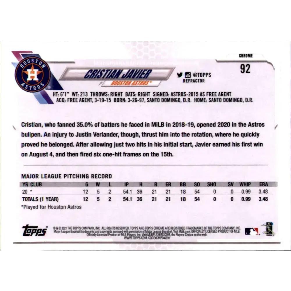 2021 Topps Chrome Refractor #92 Cristian Javier NM-MT RC Rookie Houston Astros Baseball Card - Baseball Card Single