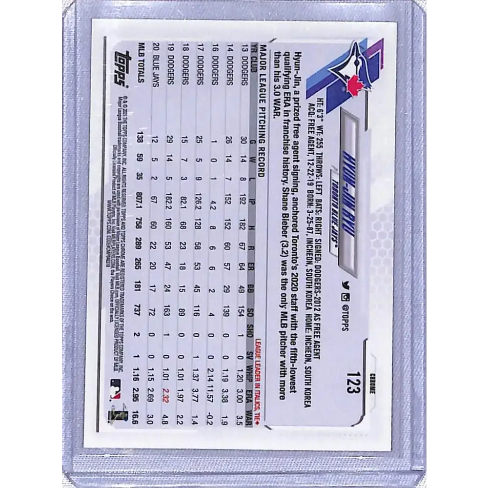 2021 Topps Chrome Refractor Pink #123 Hyun-Jin Ryu NM-MT Toronto Blue Jays Baseball Card - Baseball Card Single