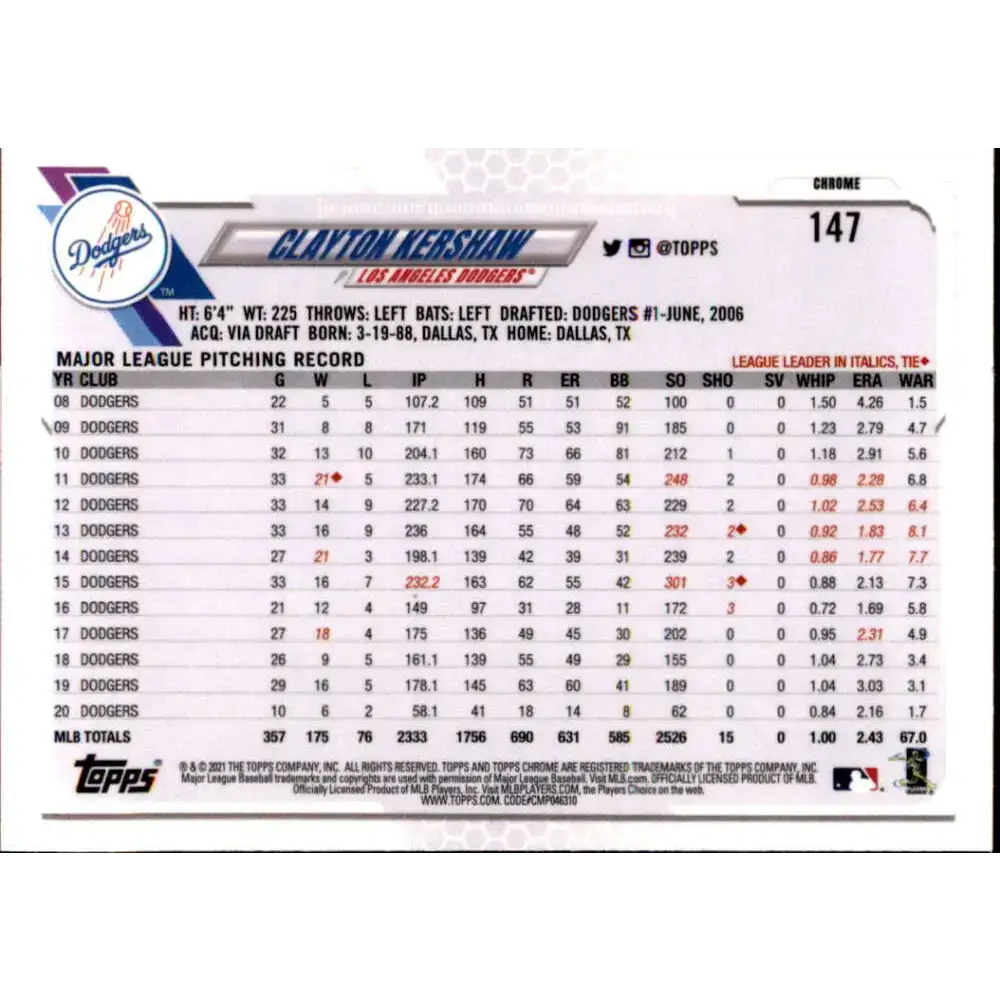 2021 Topps Chrome Refractor Prism #147 Clayton Kershaw NM/MT Los Angeles Dodgers Baseball Card - Baseball Card Single