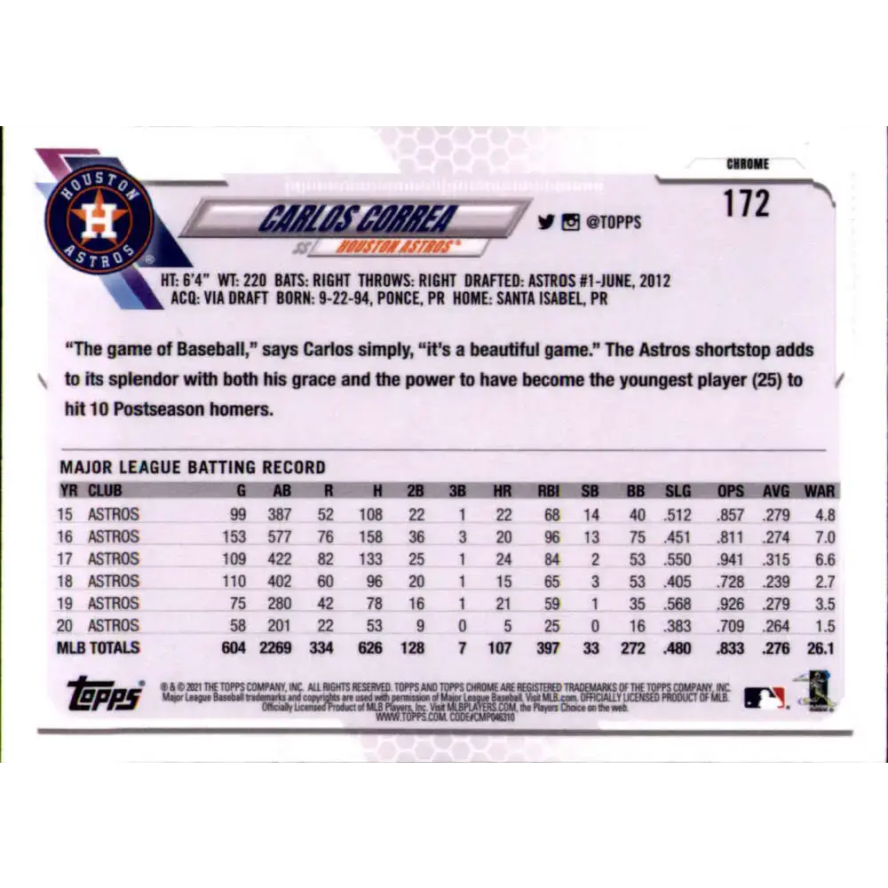 2021 Topps Chrome Refractor Prism #172 Carlos Correa NM/MT Houston Astros Baseball Card - Baseball Card Single