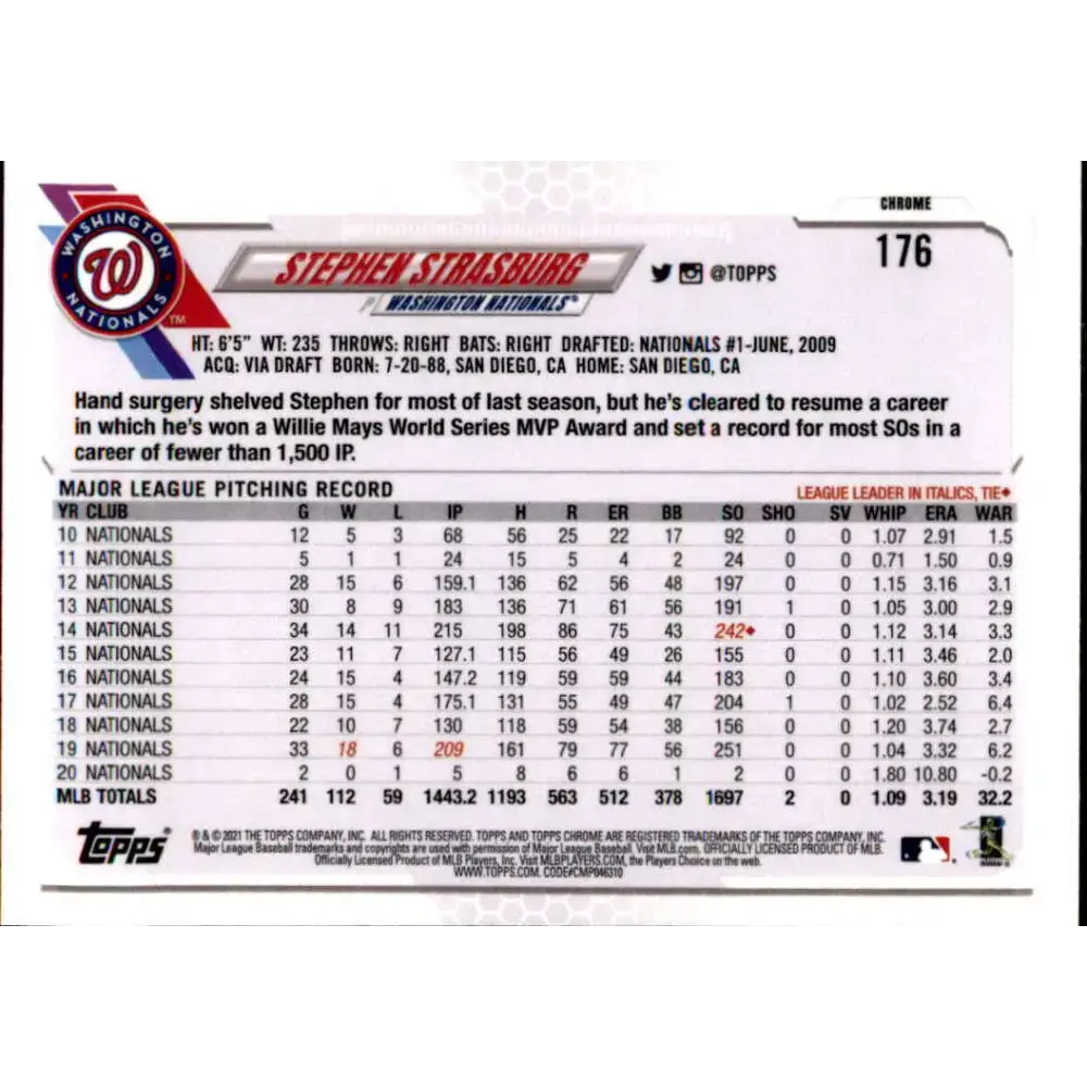 2021 Topps Chrome Refractor Prism #176 Stephen Strasburg NM/MT Washington Nationals Baseball Card - Baseball Card Single