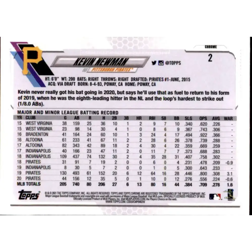 2021 Topps Chrome Refractor Prism #2 Kevin Newman NM/MT Pittsburgh Pirates Baseball Card - Baseball Card Single