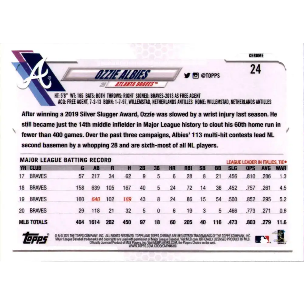 2021 Topps Chrome Refractor Prism #24 Ozzie Albies NM/MT Atlanta Braves Baseball Card - Baseball Card Single