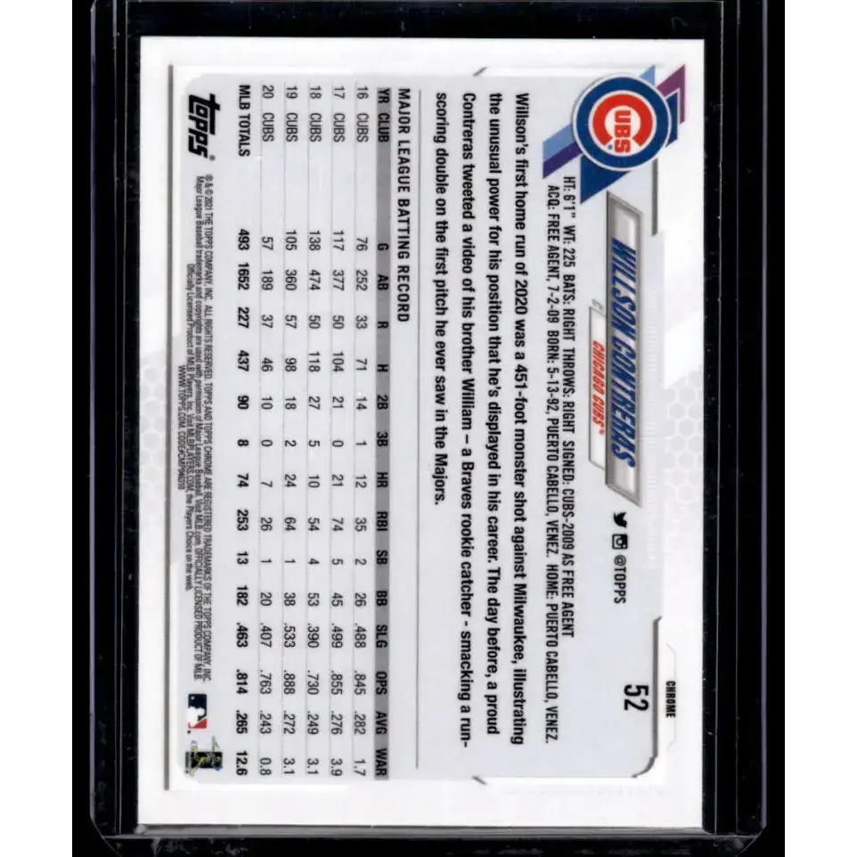 2021 Topps Chrome Refractor Prism #52 Willson Contreras NM/MT Chicago Cubs Baseball Card - Baseball Card Single