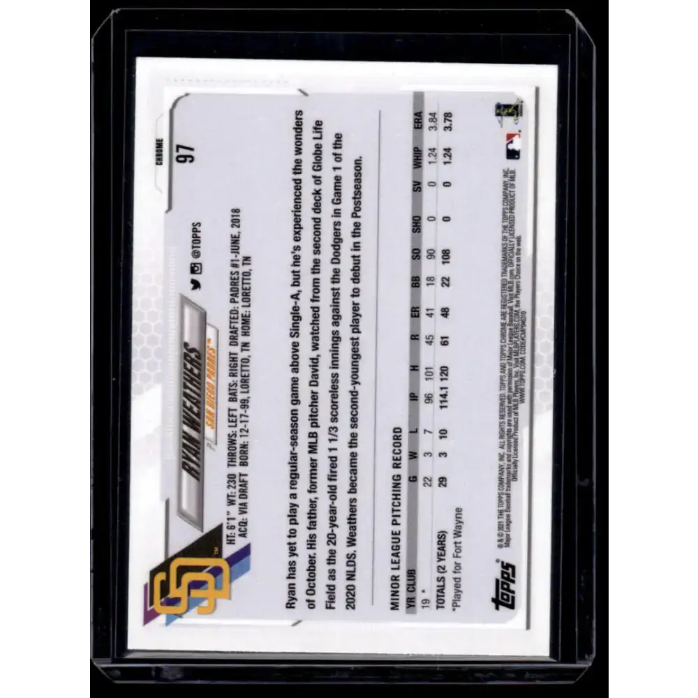2021 Topps Chrome Refractor Prism #97 Ryan Weathers NM/MT RC Rookie San Diego Padres Baseball Card - Baseball Card
