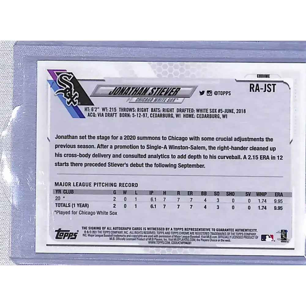 2021 Topps Chrome Rookie Autographs #RA-JST Jonathan Stiever NM-MT RC Rookie Auto Chicago White Sox Baseball Card