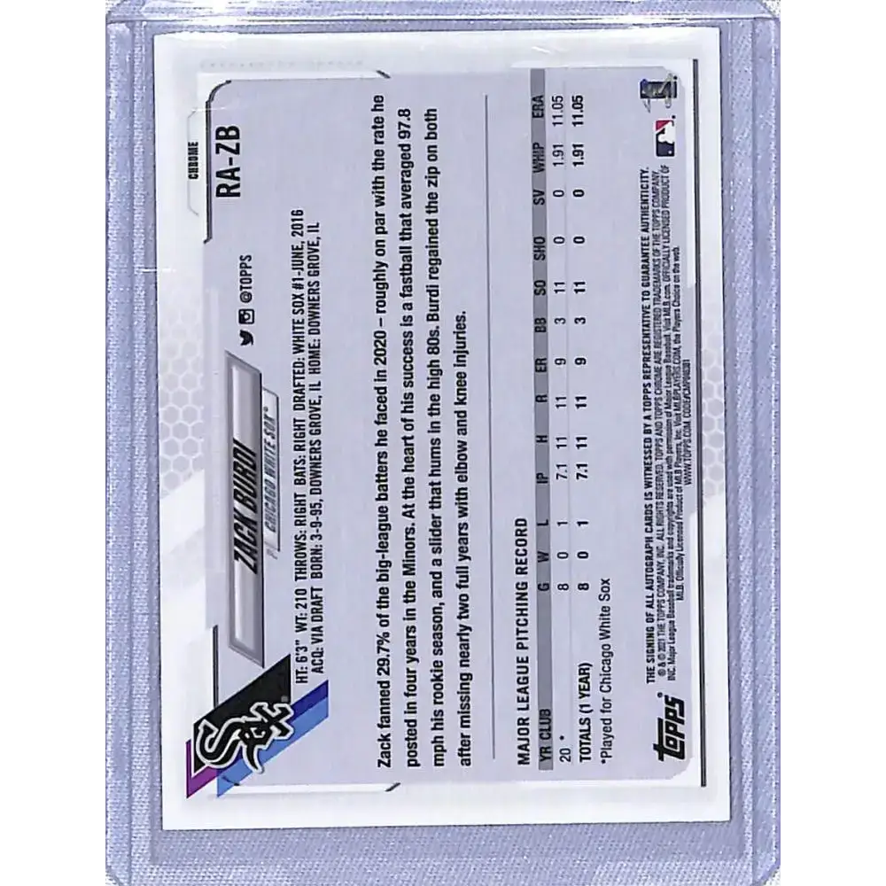 2021 Topps Chrome Rookie Autographs #RA-ZB Zack Burdi NM-MT RC Rookie Auto Chicago White Sox Baseball Card - Baseball